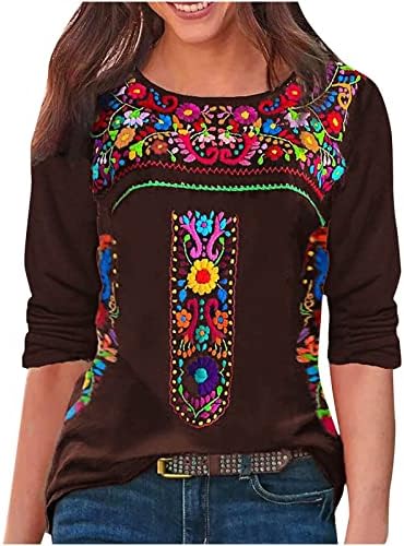 Meksika İşlemeli Desenli Üstleri Kadınlar için Tribal Bohemian Köylü Gömlek Uzun Kollu Gurur Rahat Tunikler Bluz