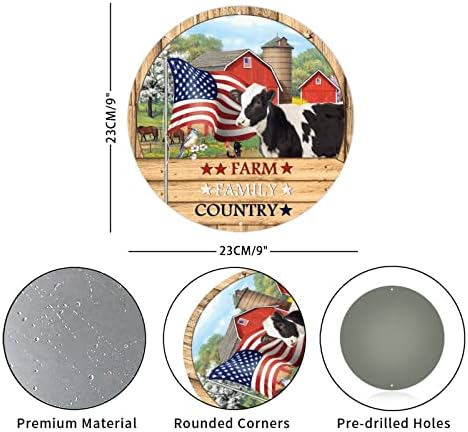 Yuvarlak Metal İşareti Plak Rustik Ahşap Tahıl Çiftlik Aile Ülke Yurtsever ABD Bayrağı Ve Çiftlik Hayvanları Nostaljik Kapı