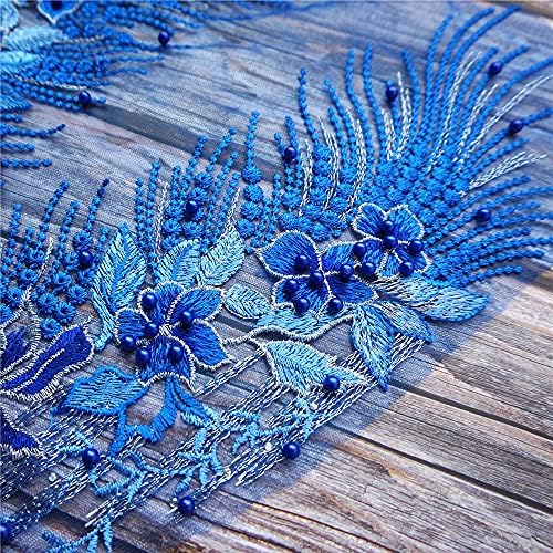PDGJG Mavi Dantel Kumaş Çiçek Püskül Boncuk Taklidi İşlemeli Elbisesi Aplikler Düzeltir Yaka Örgü Dikmek Yama Düğün Dekorasyon