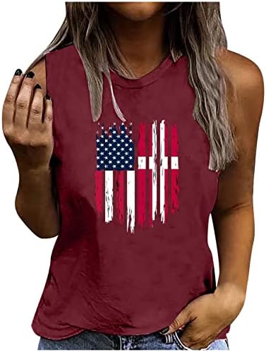QCEMENİ Kadınlar Bağımsızlık Günü Tankı Üstleri Crewneck Kolsuz Bluzlar Casual ABD Bayrağı T-Shirt Moda Gevşek grafikli tişört