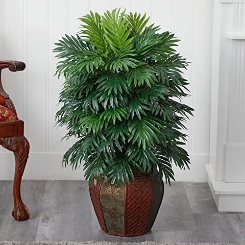 Vazo İpek Yapay Bitki ile Neredeyse Doğal Areca Palmiye, 42 x 11 x 11, Yeşil - 6651