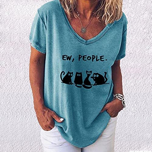 Kadın Casual Tops V Boyun Kedi Baskı kısa kollu tişört Üstleri Rahat Gevşek Bluz Temel Tee T - Shirt Gevşek Bluz