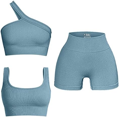 OQQ kadın 3 Parça Kıyafetler Nervürlü Dikişsiz Egzersiz Scoop Boyun Spor Sutyeni Bir Omuz Üstleri Yüksek Bel Şort Aktif Seti