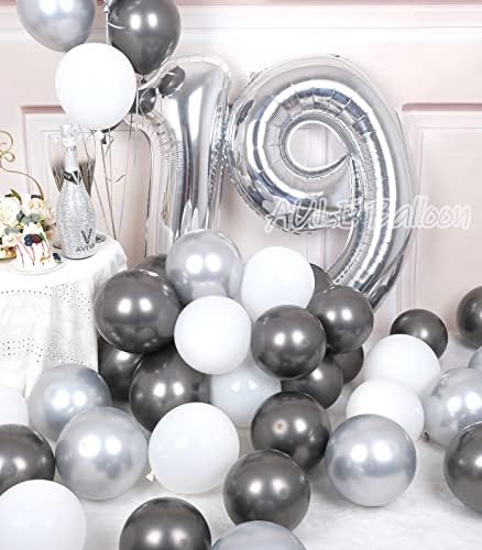 AULE 40 İnç Büyük 19 Balon Numaraları Gümüş, Büyük Folyo Numarası Balonlar, Dev Helyum Mutlu 19th Doğum Günü Parti Süslemeleri