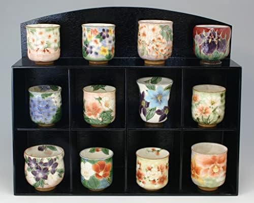 Kyo-yaki. Çay fincanı Yunomi Çiçekleri. Bir stand ile 12 Set. Kağıt kutusu. Seramik.