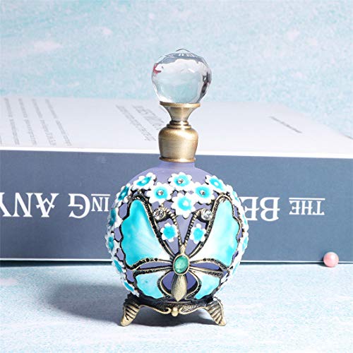 Vals & F Kelebek ve Gül Mücevherli Vintage Parfüm Şişesi Boş Doldurulabilir Uçucu Yağ Şişesi 25 ml (Mavi)
