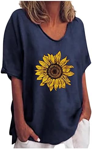 Kadın Kısa Kollu V Yaka T-Shirt Güneş Grafik Tee Genç Kız Rahat Gömlek Üst Ay Baskı Kazak Keten Bluz