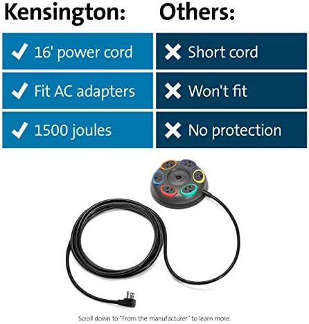Kensington SmartSockets 6 Çıkışlı, 16 Ayaklı Kablo ve 1500 Joule Masa Üstü Aşırı Gerilim Koruyucusu (K62634NA)