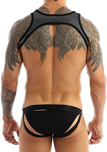 Fldy Erkekler Askı Vücut Göğüs Bulge Kılıfı güreş atleti Parlak Metalik Leotard Jockstrap Bodysuit Siyah X-Large