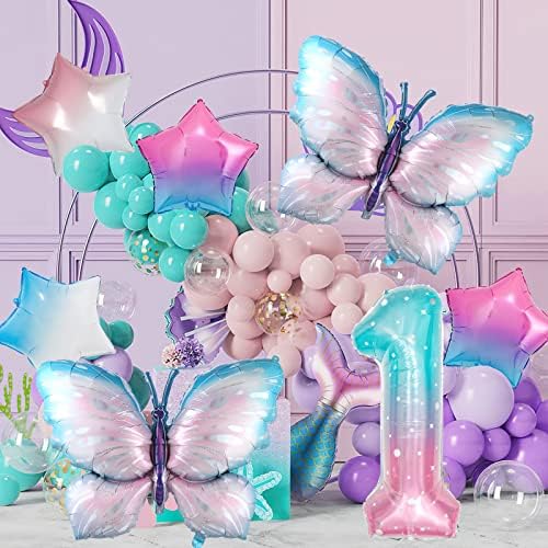 7 Adet Degrade Pembe Kelebek Balonlar, Dev Renkli Kelebek Folyo Mylar Balon Kelebek 1st Doğum Günü Süslemeleri için Peri
