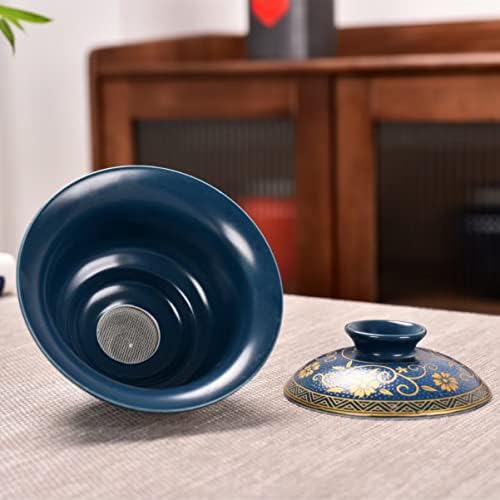 Seramik Tembel Kungfu Cam Çay Kahve Yarı Otomatik Döner Kapak Kase Demlik Cezve Takım Elbise (Mavi)